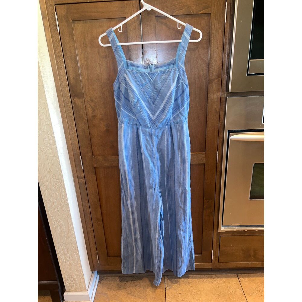 by Anthropologie Blue Striped Linen Jumpsuit Cottagecore Coastal Boho